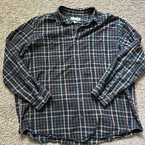 Duluth Trading Co Blue and Tan Plaid Shirt